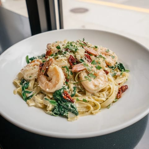 This Tuscan Garlic Shrimp Pasta features plump shrimp in a rich, Parmesan-infused sauce.