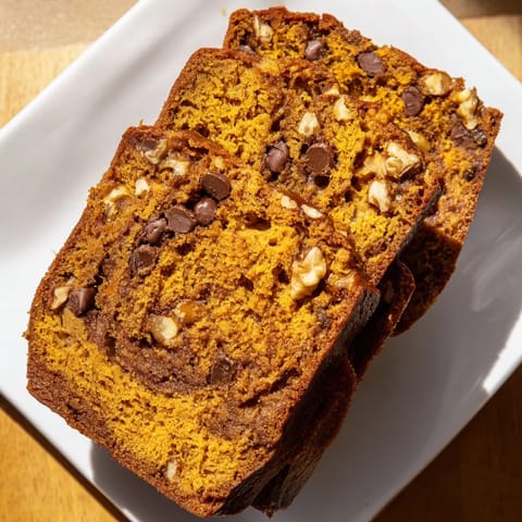 Golden and moist pumpkin bread fresh from the oven, served with a dusting of powdered sugar.