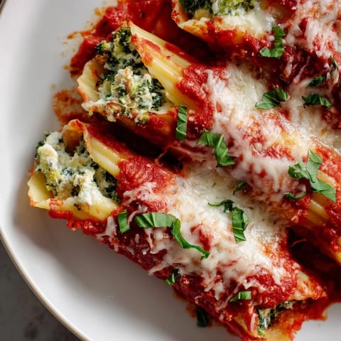 Baked Cozy Broccoli Stuffed Manicotti with melted mozzarella, a classic, comforting Italian-American dinner.