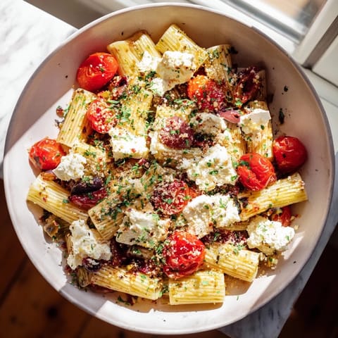 Creamy, baked Four-Cheese Block Pasta recipe with juicy tomatoes and a rich, cheesy sauce.