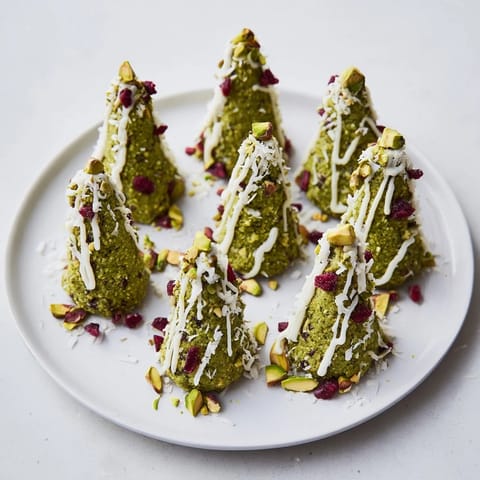 Enjoy the visual of delicious Matcha Pistachio Christmas Tree Energy Bites, drizzled with white chocolate, and ready to eat.