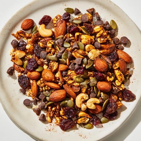 A close-up of a rustic bowl filled with fresh, crunchy Acorn & Oak Snack Mix.