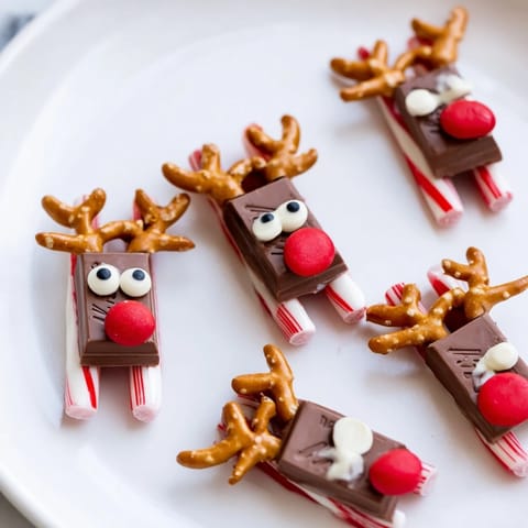 Easy-to-make Rudolph Candy Cane Sleds, adorned with candy eyes and a red nose, are perfect for kids.