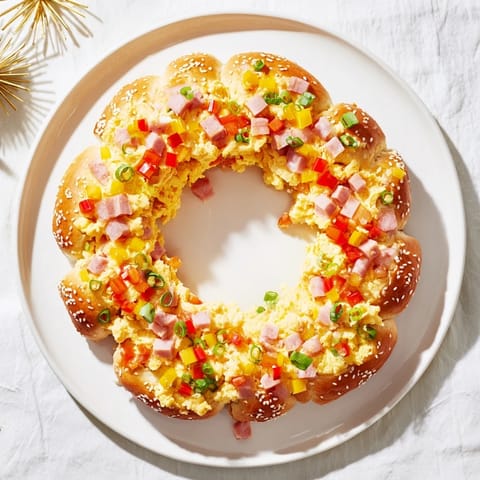 Enjoy a delicious slice of Wreath-Shaped Egg and Ham Bake, baked to perfection with melted cheese.
