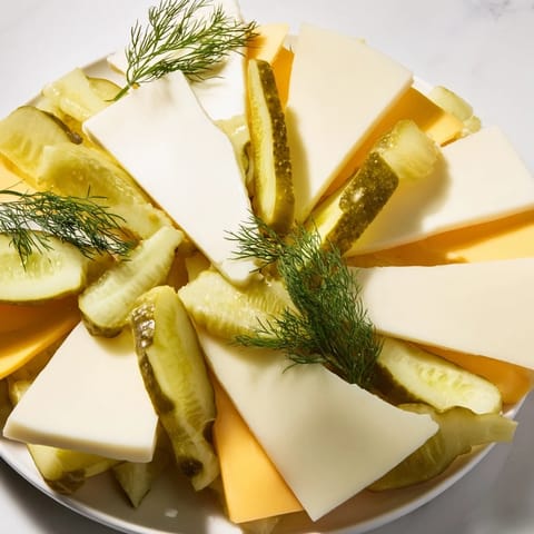 Savory dill pickles and sliced cheese mingle on a perfect appetizer tray, ideal for sharing flavors.