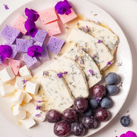 Pastel-colored fruit and creamy cheeses make up this stunning Lavender Haze Dreamscape cheese board.