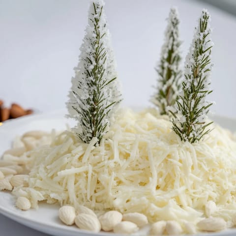 Festive "Frosted Pine" appetizer: a winter cheese board with sugared rosemary and almonds scattered.