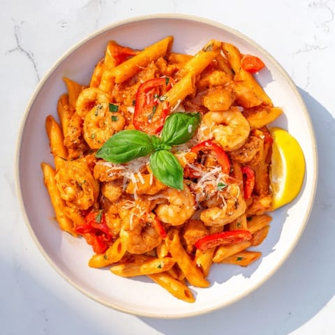 A steaming bowl of One-Pot Diavola Pasta featuring shrimp, served hot with fresh basil and Parmesan cheese.