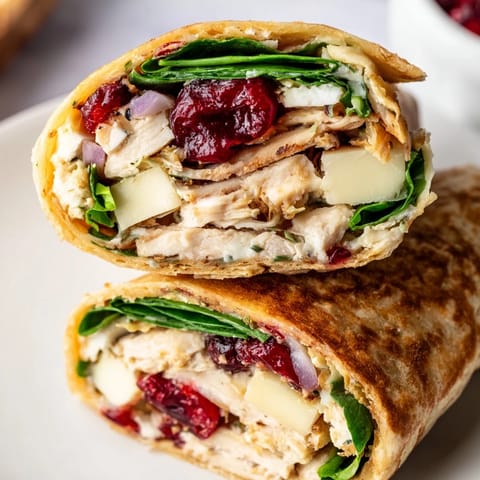 Warm and savory Chicken and Brie Holiday Wrap, perfect for a cozy holiday lunch.