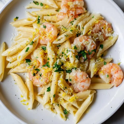 A close-up shot of steaming garlic shrimp penne ready for a satisfying Italian meal.