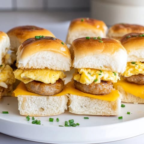 Savory sausage and sweet maple syrup create delicious layers in these mini breakfast sliders, ready to eat!