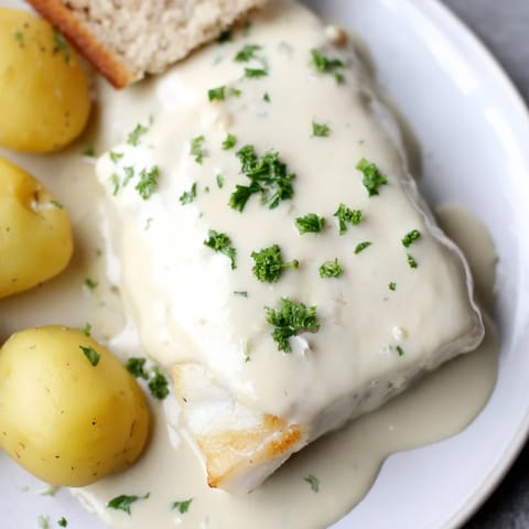 A plate of traditional Norwegian Lutefisk, featuring tender fish and a luscious mustard sauce.