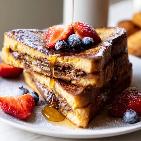 Close-up of a fork cutting into warm Nutella Brioche French toast, revealing melted chocolate spread inside fluffy brioche.  