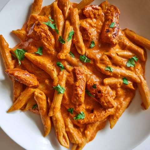 Creamy chicken tikka pasta garnished with fresh cilantro, served in a skillet for a cozy weeknight meal.