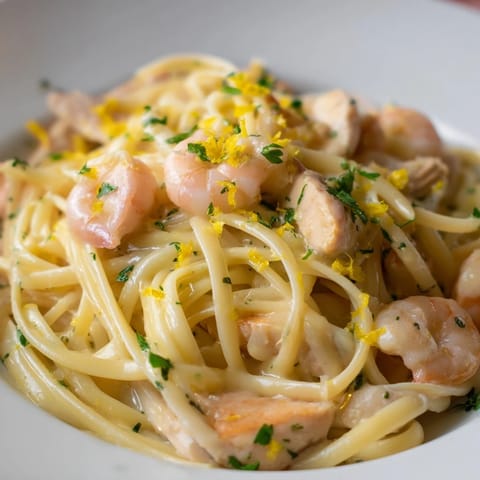 Brightly plated Lemon Garlic Shrimp & Chicken Pasta swirls with linguine, showcasing golden chicken pieces, succulent pink shrimp, and a glossy lemon-butter sauce flecked with fresh parsley.