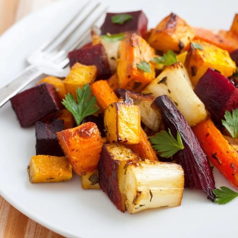 Golden brown Roasted Root Vegetable Medley, showcasing sweet potato and parsnips, ready for dinner.