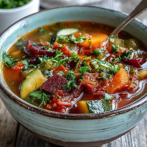 Steaming pot of Rainbow Vegetable Detox Soup with chunks of tomato and green peppers.