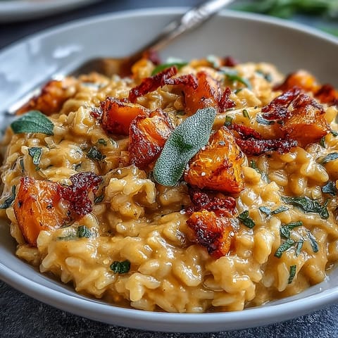 Close-up of Vegan Pumpkin Risotto showing tender pumpkin cubes and glistening arborio rice.