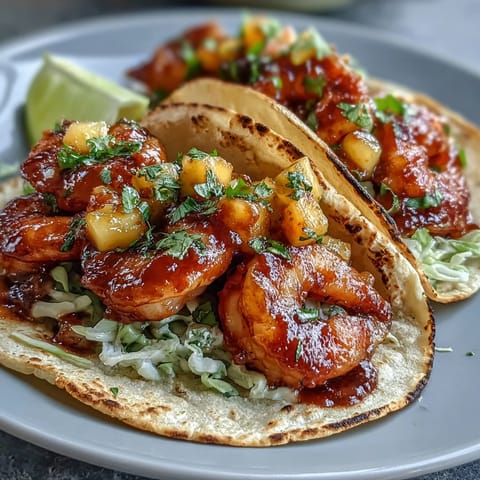 Close-up of Sriracha Shrimp Tacos with Mango Salsa on a rustic table, garnished with lime wedges for a zesty, tangy finish.