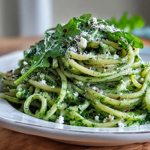 Freshly cooked linguine tossed with vibrant green arugula pesto and creamy cottage cheese.