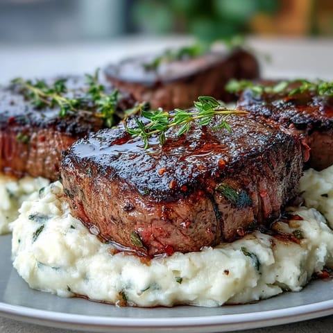 Golden-brown venison steaks with a seared crust sit atop creamy swede mash flecked with caraway seeds.