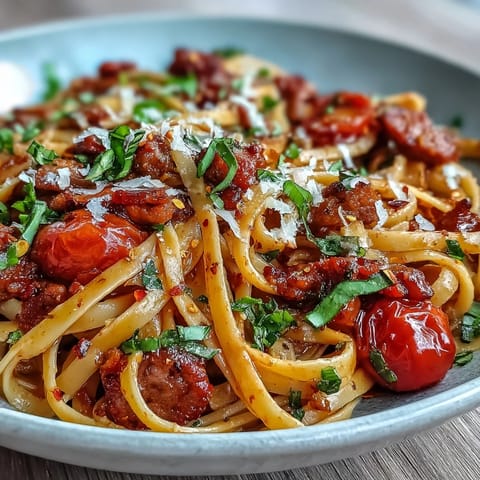 Steaming skillet of Italian Drunken Noodles with spicy sausage, blistered cherry tomatoes, onions, and garlic, tossed in a bold wine sauce.