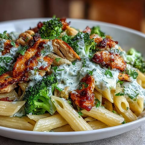 Steaming High Protein Rotisserie Chicken Broccoli Pasta garnished with fresh parsley and extra Parmesan in a white bowl.