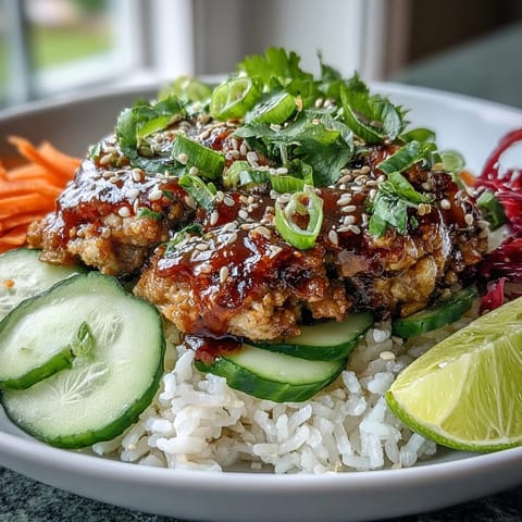 A vibrant serving of Bang Bang Ground Turkey Rice Bowls topped with sesame seeds, scallions, and fresh lime wedges on a wooden table.