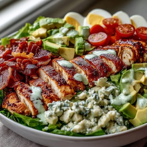 Colorful Cobb Salad Bowl features diced tomatoes, hard-boiled eggs, and tangy blue cheese drizzled with creamy ranch.