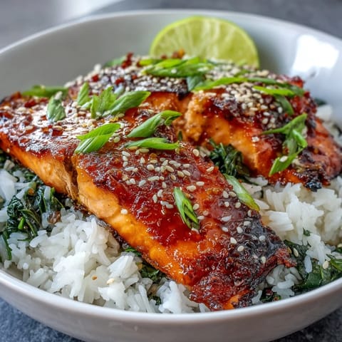 Savory-sweet Miso Glazed Salmon Bowl with flaky fish, ginger-infused spinach, and fluffy rice, garnished with fresh green onions and sesame seeds.
