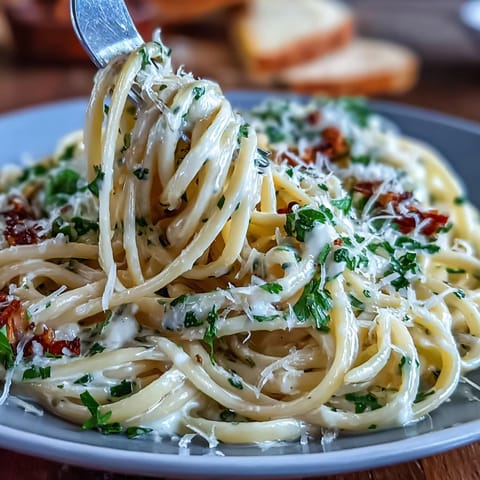 Creamy lemon butter pasta with peas and Parmesan, served in a white bowl with fresh parsley garnish.  