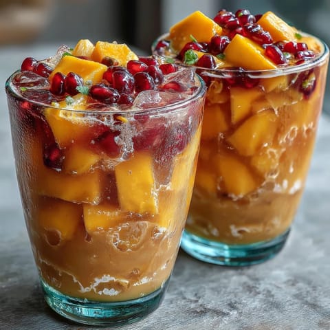 Vibrant mango and dragonfruit refresher with tropical fruit cubes, perfect for a refreshing summer drink at home.
