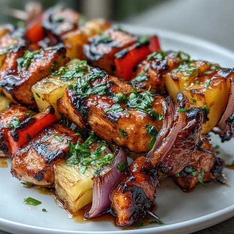 Grilled Pineapple Chicken Skewers with juicy chicken, sweet pineapple, and colorful bell peppers sizzling on the grill.