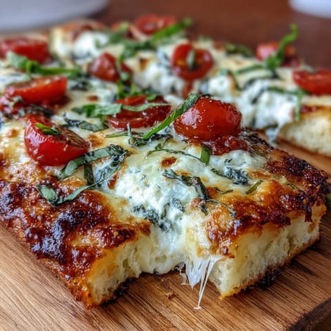 Golden cottage cheese flatbread pizza with melted mozzarella, fresh basil, and vibrant cherry tomatoes on a protein-rich base.