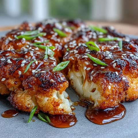 Sweet and savory teriyaki sauce coats thick cauliflower slices, garnished with sesame seeds and scallions for extra crunch.  