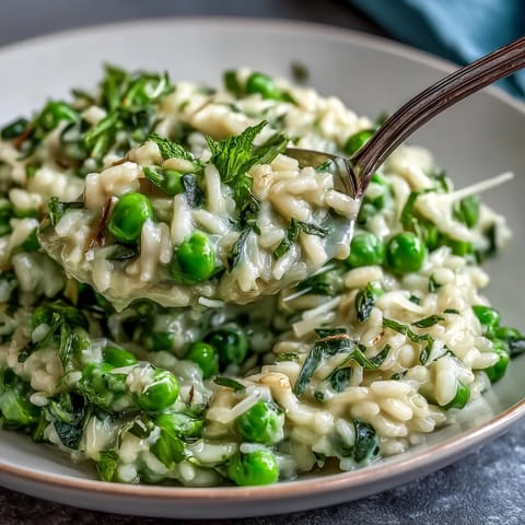 Creamy Spring Pea Risotto with Parmesan and fresh mint, served in a white bowl with a garnish of pea shoots.