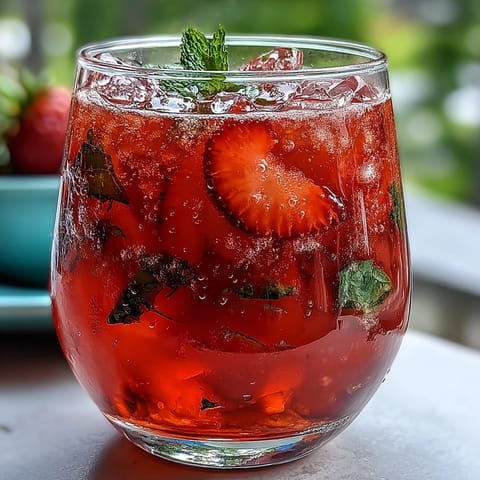 Vibrant strawberry agua fresca drink featuring juicy red berries, lime slices, and chilled water for a cooling treat.