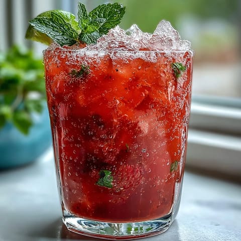Refreshing strawberry agua fresca with bright lime and fresh mint, served over ice in a clear pitcher.
