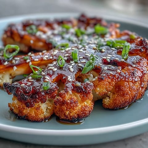 Golden-brown cauliflower steaks with a glossy teriyaki glaze, perfect for a vegetarian main dish with Asian flavors.  