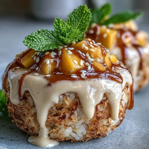 Mango sticky rice cups: creamy coconut rice, sweet mango, and sesame garnish.