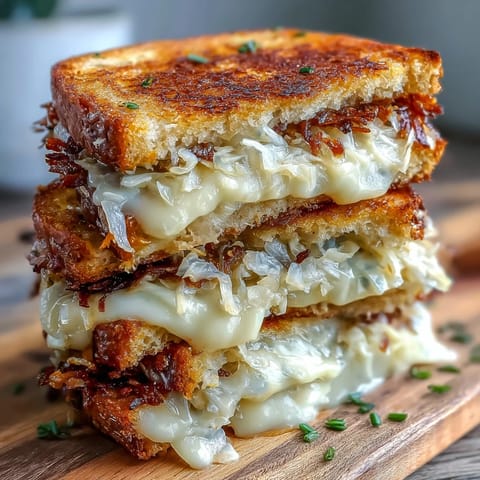 Golden brown Fermented Cabbage Grilled Cheese with gooey melted cheese and tangy crunch.