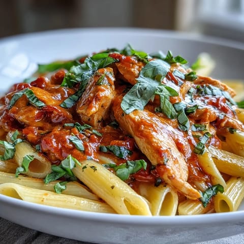 Vibrantly garnished Creamy Tomato Basil Chicken Pasta, featuring tender chicken and basil.