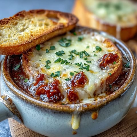 Savory French onion tomato soup with crusty, cheesy baguette slices ready.