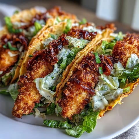 Juicy fried chicken piled high in crunchy smashed tacos, drizzled with dressing.