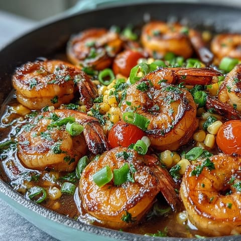 Savory Garlic Butter Shrimp and Corn Skillet, glistening with melted butter and herbs.