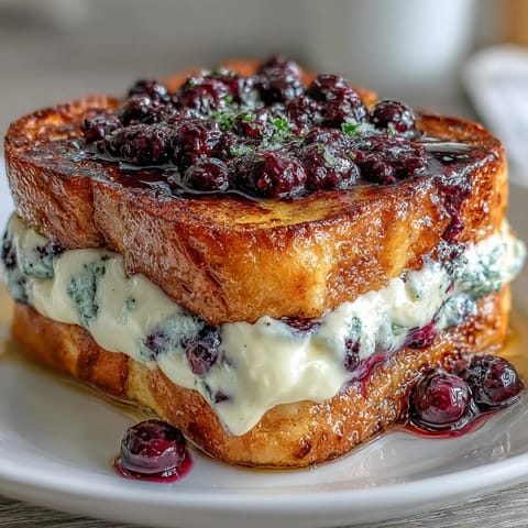 Golden Blueberry Lemon Cheesecake Overnight French Toast bake with creamy filling.