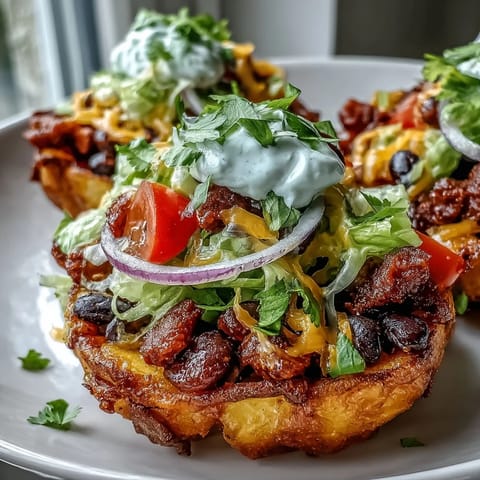 Crispy potato taco bowls brimming with colorful taco filling and fresh toppings.