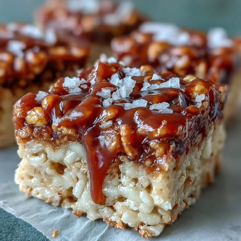Chewy salted caramel pumpkin Rice Krispie treats, gooey autumn dessert drizzled with amber caramel.