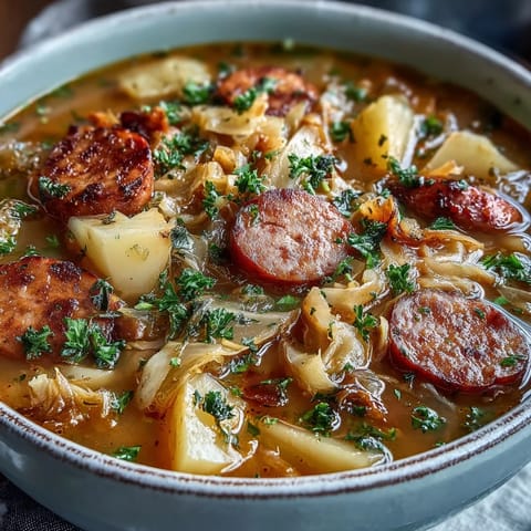 Comforting Cabbage and Sausage Potato Soup, a delicious meal perfect for a cold evening.