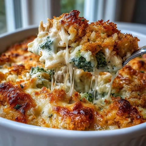 Golden baked Creamy Chicken Broccoli Cheddar Rice Bake, bubbly with cheese.